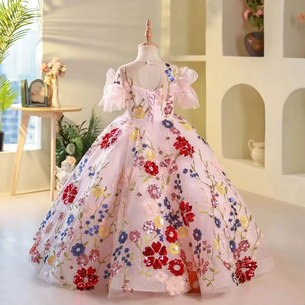 Jill Wish Luxury Arabic Floral Girl Dress Sequined Appliques Kids Princess Birthday Wedding Party First Communion Gown J236