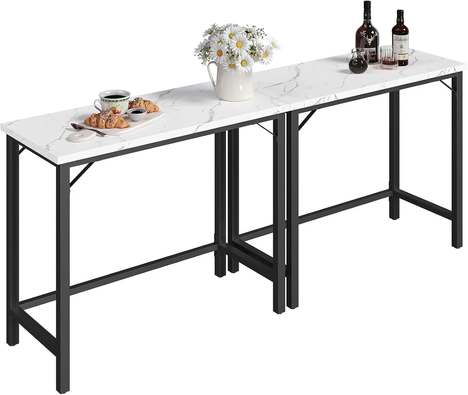 Narrow Bar Table, 63-Inch Pub for Dining Room, Counter with Sturdy Metal Frame, Connectable, Multifunctional Console, Marble and