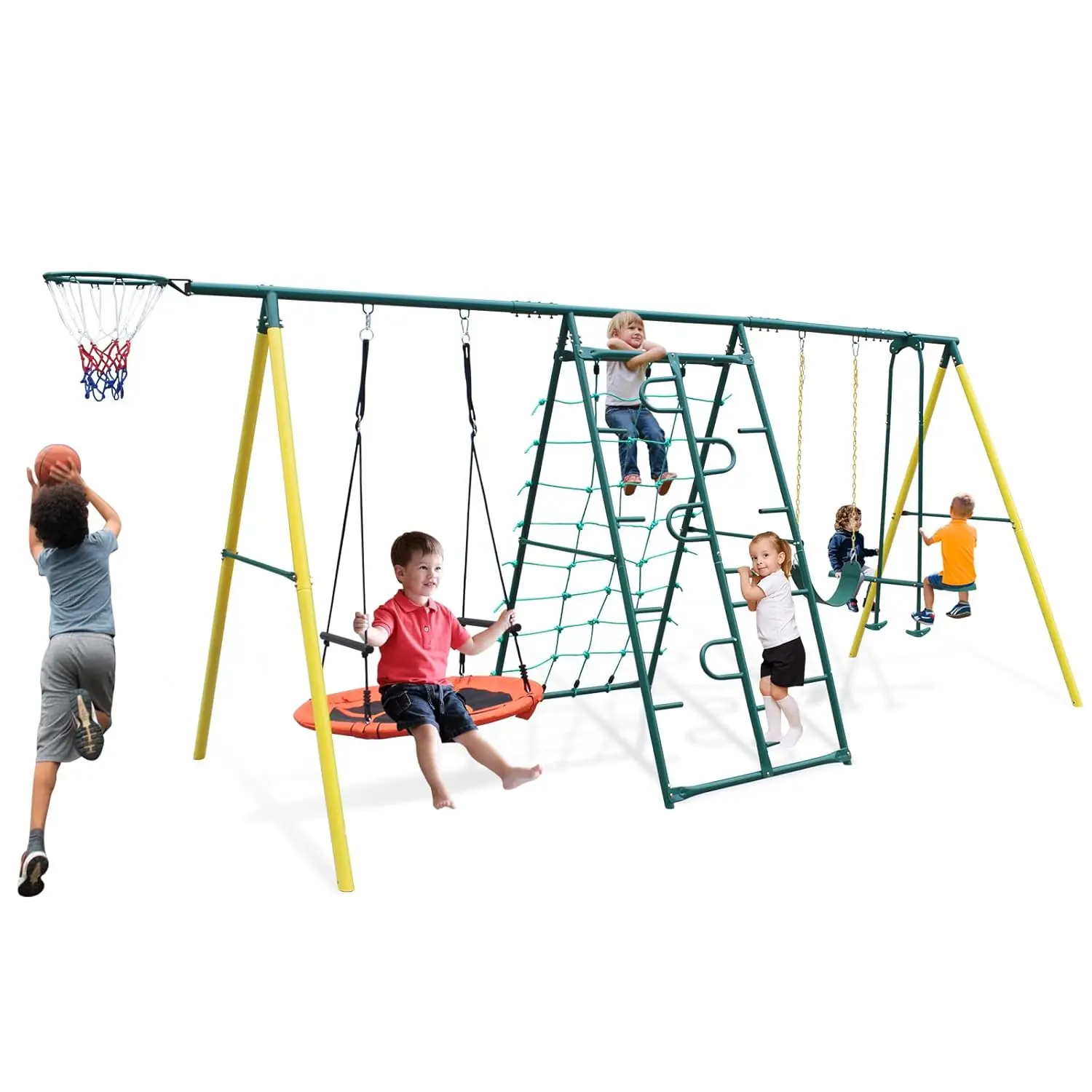 

Heavy-Duty 6-in-1 Metal Backyard Swing Set Kids 3-12 2 Swings Glider Climbing Ladder Rope, Customized