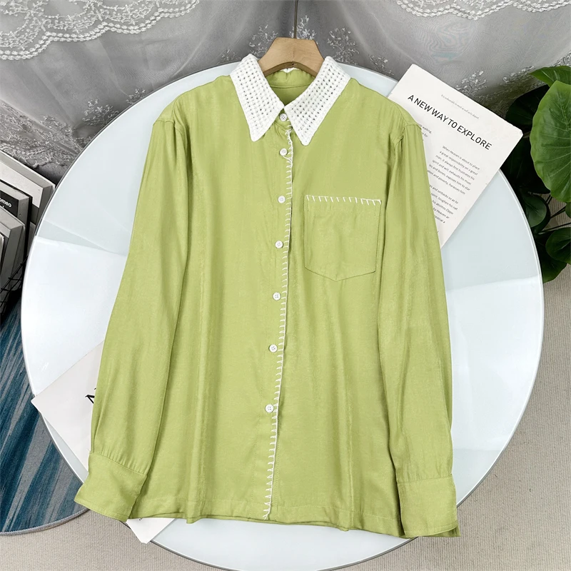 

Spring 2025 Women's Commute Shirt Drop Shoulder Splicing Color Collar Drapey Top Design Sense Goddess New Arrival