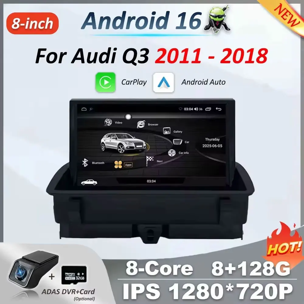 CarPlay sans fil Android 16 pour Audi Q3 2011 – 2018, Radio multimédia de voiture, Navigation GPS, WIFI, filaire, DSP automatique, écran tactile de 8 pouces