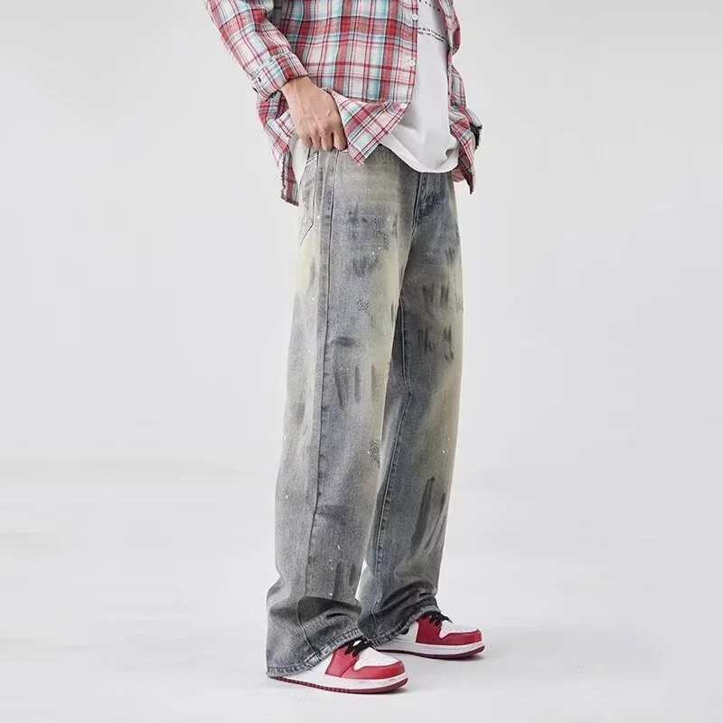 Autumn Graffiti Printed Straight Leg Jeans For Man High Street Fashion Ripped Baggy Denim Pants 2025 New Hip Hop Retro Y2K Jean