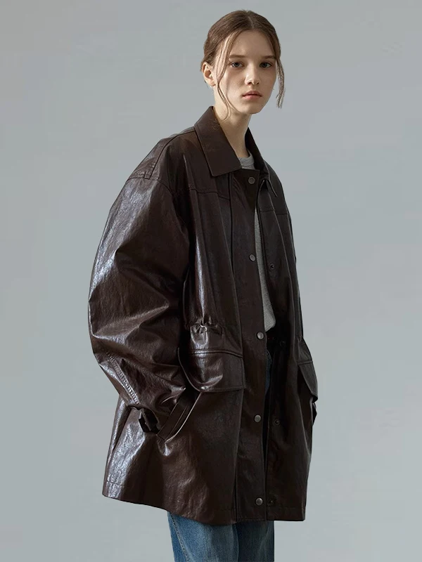 Cappotto in Pelle di Media Lunghezza per Donna, Nuovo Stile Autunno Inverno, Vestibilità Comoda, Maniche Lunghe, Colletto Quadrato, Materiale PU