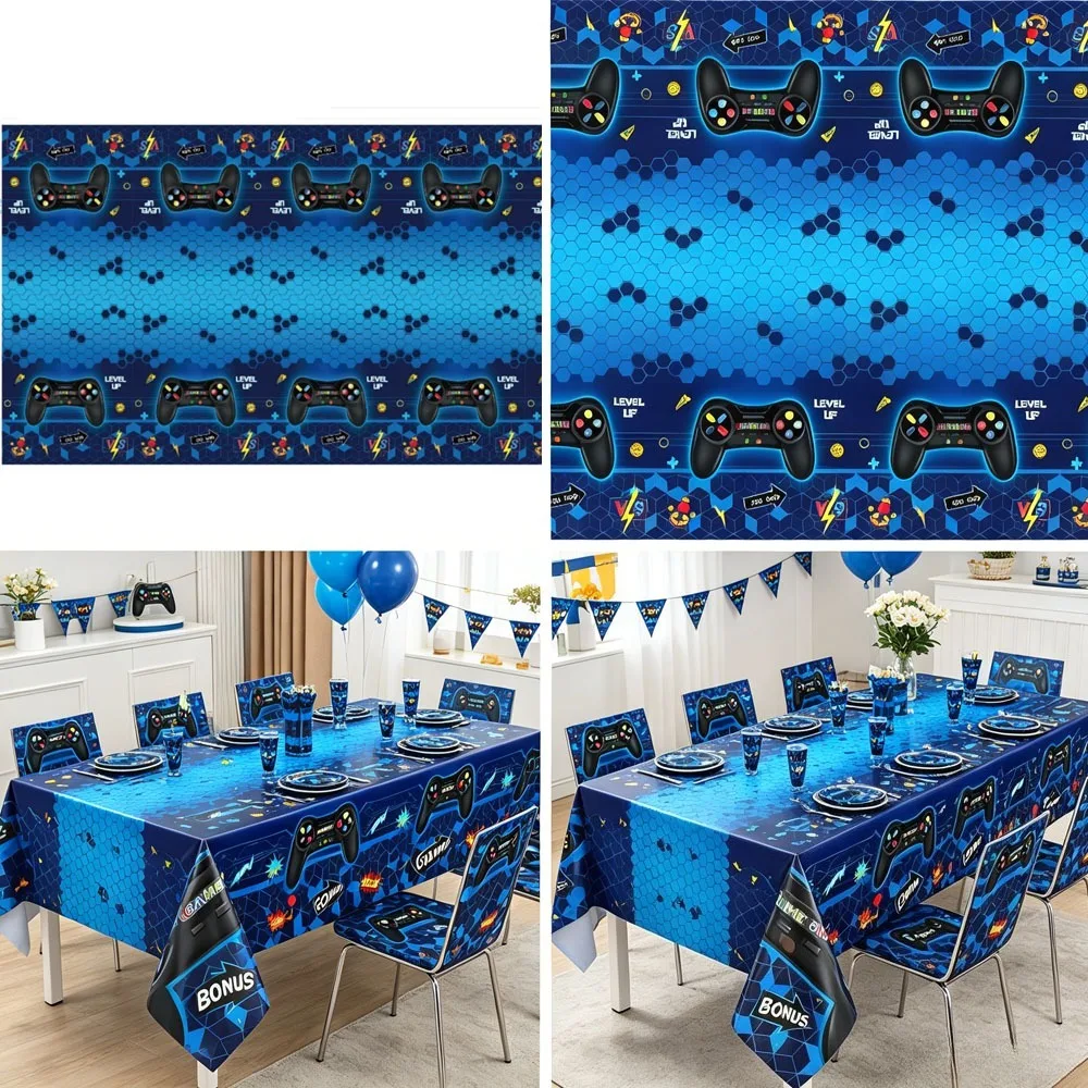 1-3Pcs Gaming-Themed Tablecloths, Plastic Tablecloths with Gaming Themes for Birthday Decorations, Suitable for Gaming Fans/Party Decorations, Size 54 X 108inch (Blue)