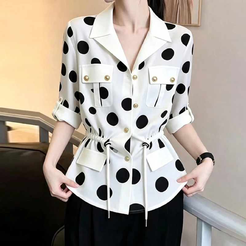 French Polka Pot Blouse V Neck Button Drawstring Waist Slim Fitting Top 2026 Spring Fall Commute Office Elegant Women's Shirt