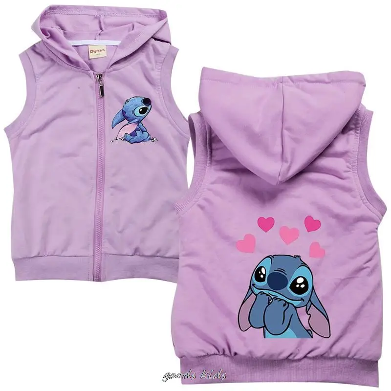 Lilo And Stitch Children\'s Cotton Hooded Vest Spring Sleeveless Kids Toddler Girls Boys Jacket Outwear Infant Baby Fall Clothes