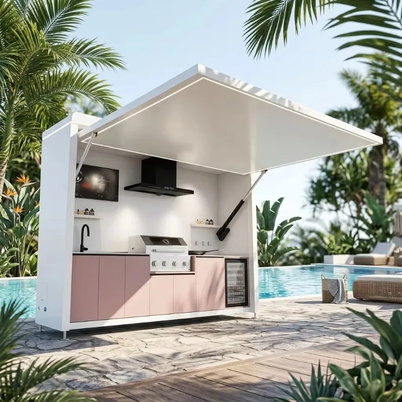 Outdoor Kitchen 4 Burner Gas Grill Induction Cooktop Stainless Steel Sink Refrigerator Smart BBQ Island