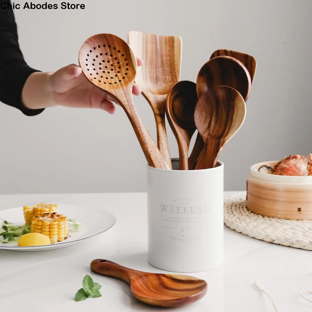 

4-8pcs Wooden Cooking Spoon Natural Material with Storage Bucket Kitchen Utensils Set Durable Unbreakable Kitchen Shovel Set