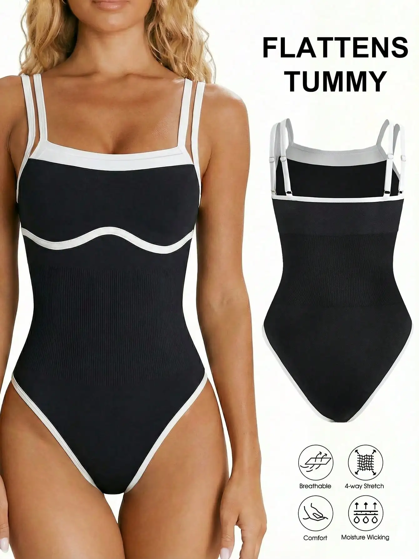 Seamless Abdomen Control Bodysuit with Double Thin Straps Color Block Fitness Jumpsuit High Slit Yoga Sports Shaping Clothing