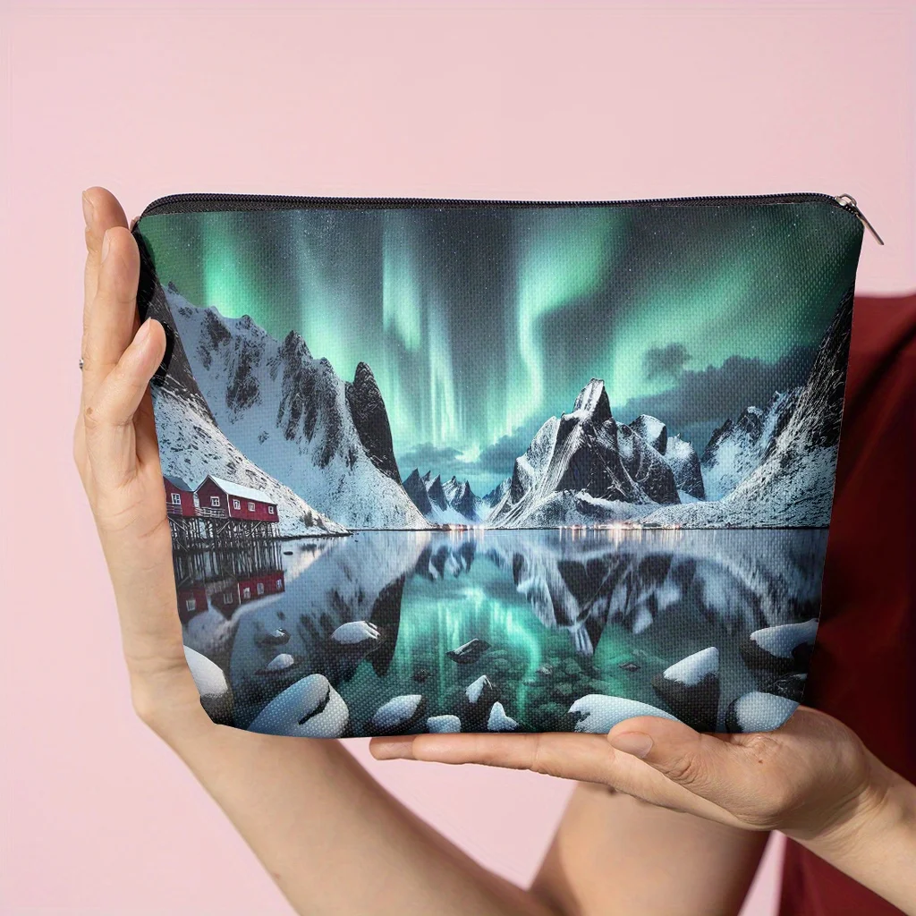 1 Piece Aurora Snow Mountain Cosmetic Bag - Women's Multifunctional Zipper Bag, Perfect Travel Zipper Storage Bag, Fun Birthday Gift
