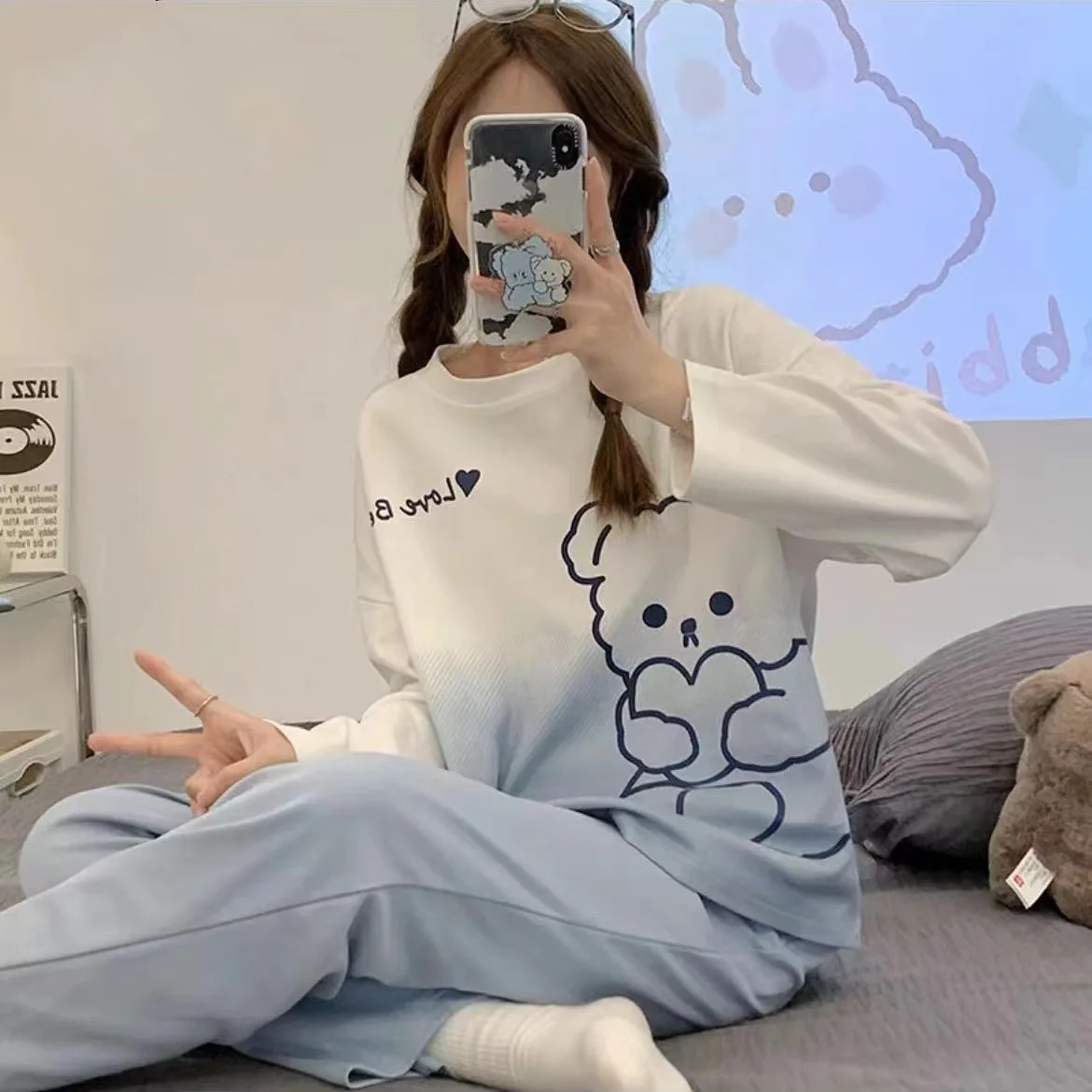 

Женский пижамный комплект с длинными рукавами на весну/осень, легкие брюки, милая и милая студенческая одежда свободного покроя