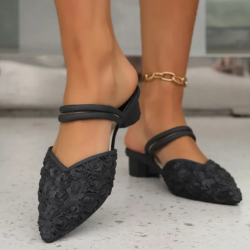Women Summer PVC Pointed Head Fashion Flats Daily Casual Low Heel Solid Color Outer Wear Bao Head Half Sandals Zapatos De Mujer