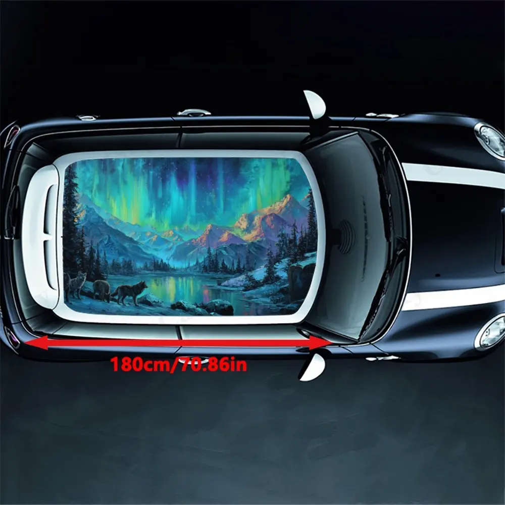 Aurora Forest and Wolf Pack - Lakes Car Roof Sticker, Auto Vinyl Wraps Decal, Self-adhesive Waterproof Car Exterior Accessory, U