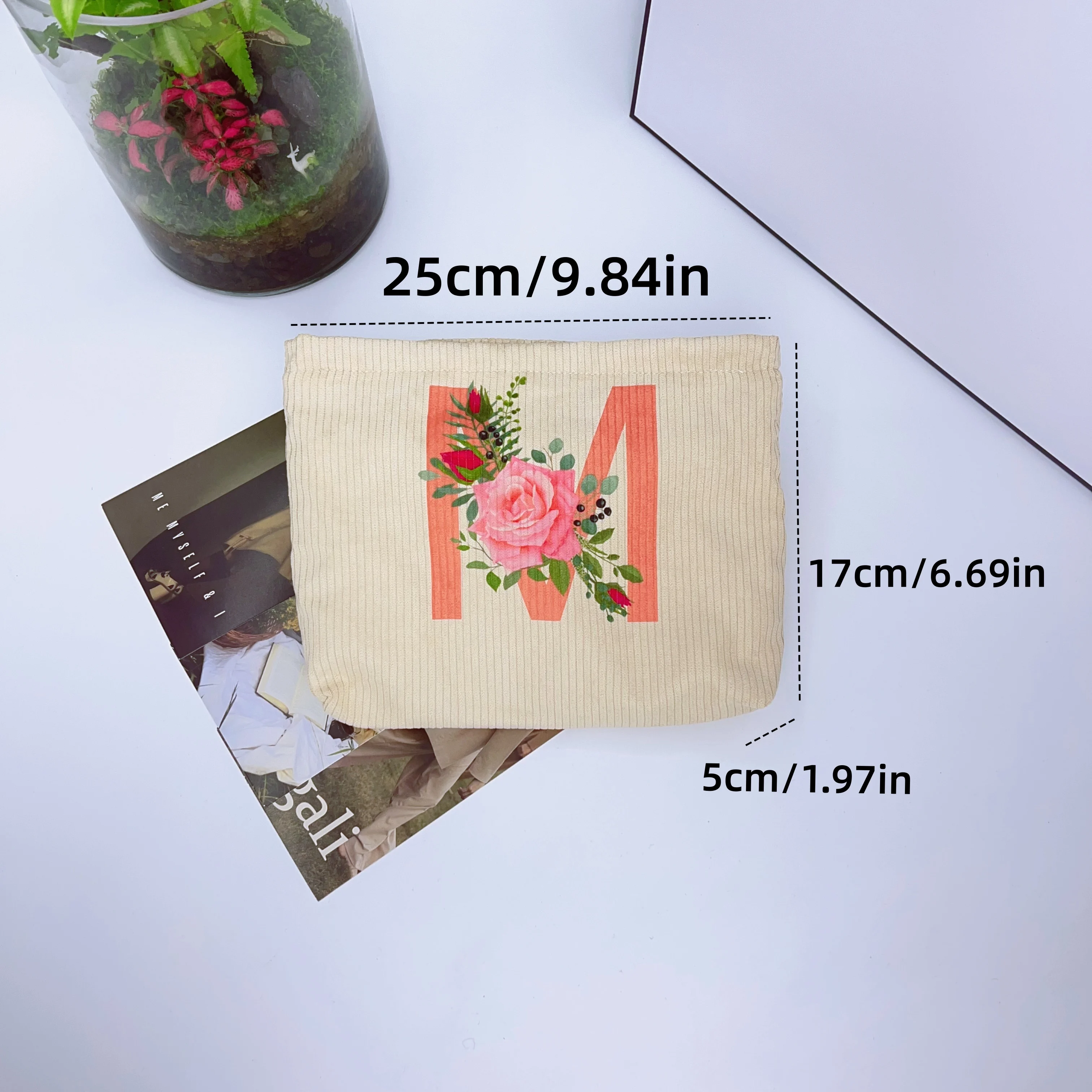 Cosmetic Bag Makeup Bag Corduroy Letter Rose Print Thick Canvas Lining Storage Mobile Wallet Pencil Case Portable Coin Purse