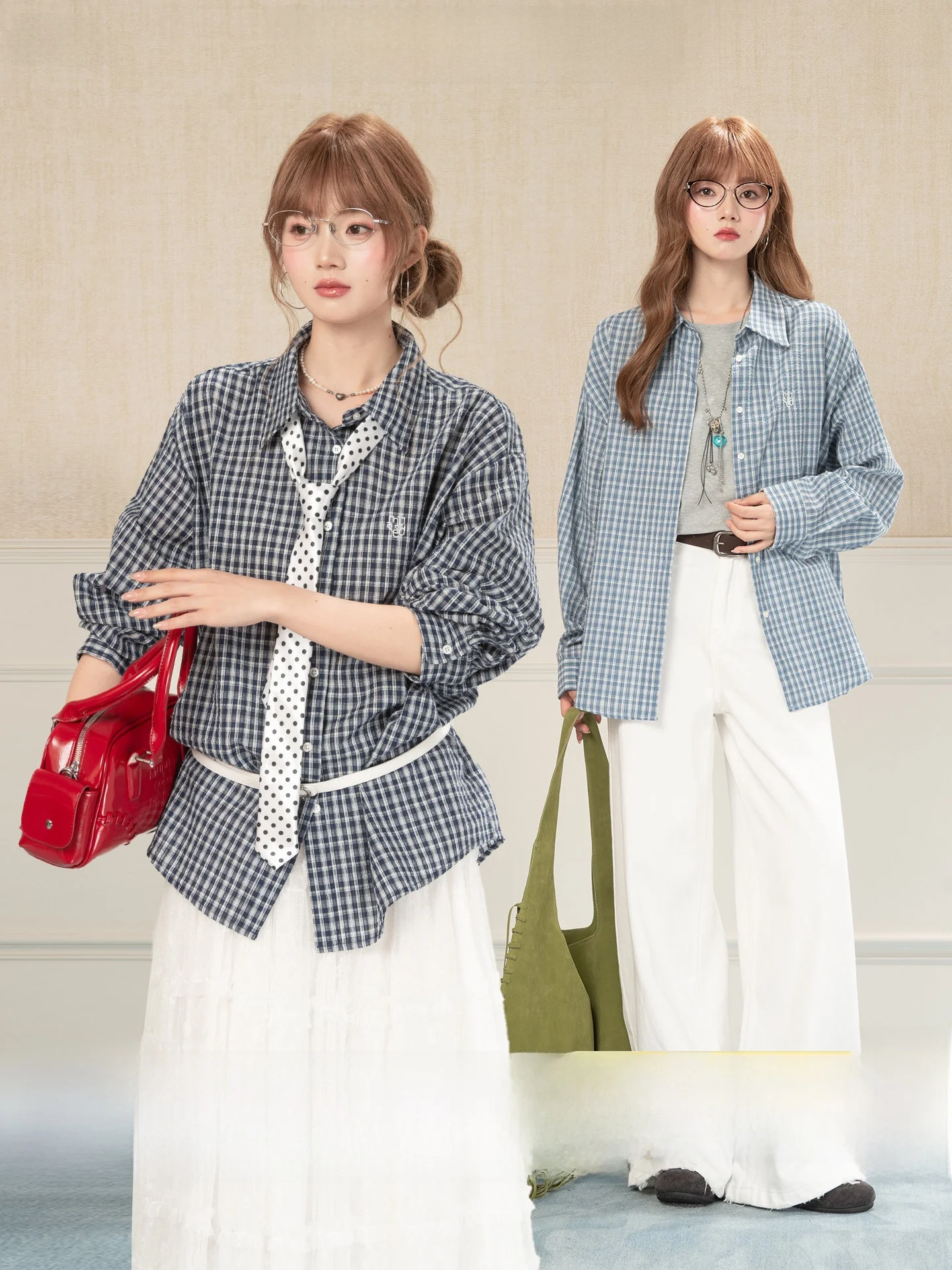 

Heynew Blue Plaid Long Sleeve Shirt Women's Loose Outerwear Spring New Style Luxury Feel Korean Style Shirt Korean Series