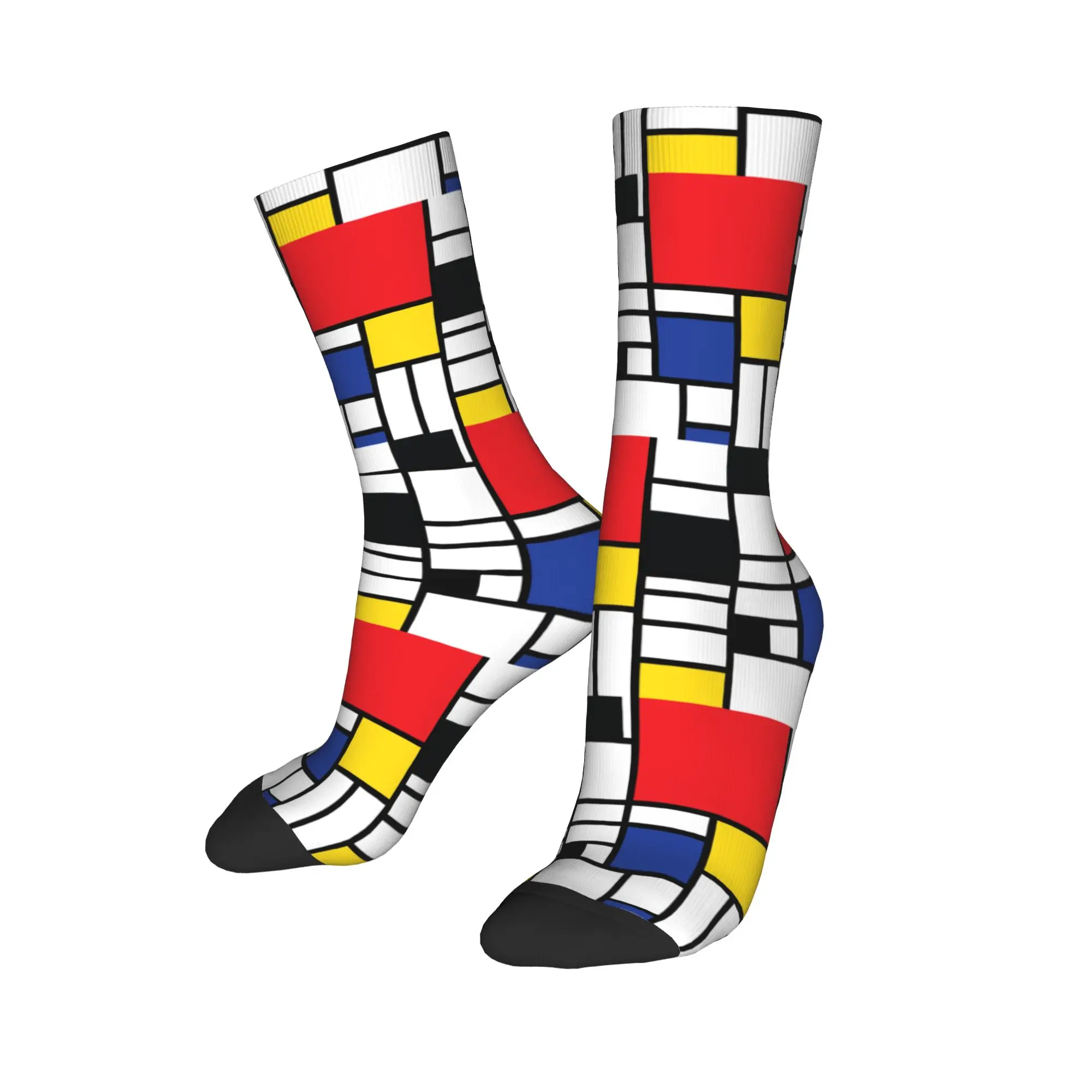 ถุงเท้าแฟชั่นผู้ชายลาย Mondrian De Stijl แบบยูนิเซ็กซ์ อุ่นสบาย ระบายอากาศได้ดี พิมพ์ลาย 3 มิติ ศิลปะนามธรรม สีสันสดใส