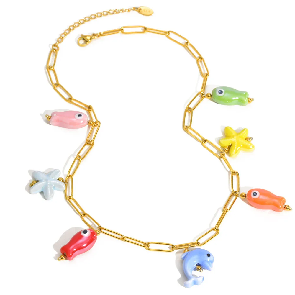 

Ceramic Starfish Fish Conch Dolphin Drop Y2K Necklace, Women's Stainless Steel Chain Adjustable, Notarnish Resistant Jewelry