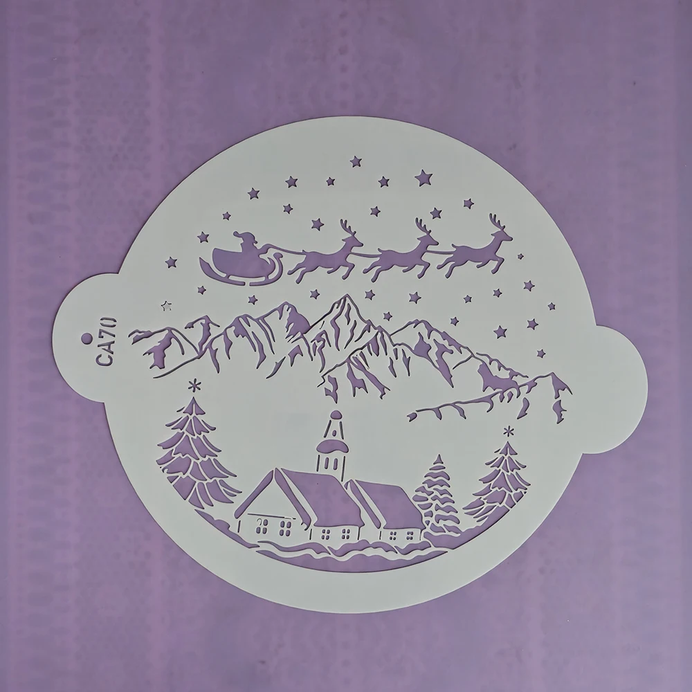 Round Christmas Snow‑Scene Stencil, Santa Reindeer Cake‑Top Spray Template, Holiday Baking Decor Tool