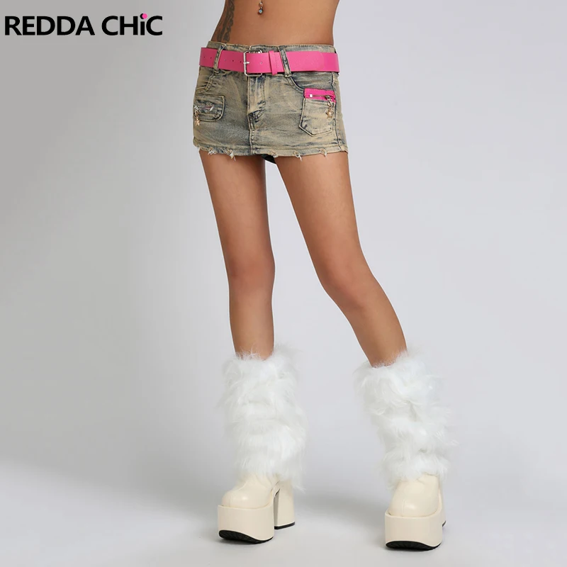 

Женские джинсы ReddaChic в стиле ретро 90-х с поясом, пикантные облегающие мини-юбки из денима со звездами, на молнии, с низкой посадкой, штаны 2 в 1, летняя одежда