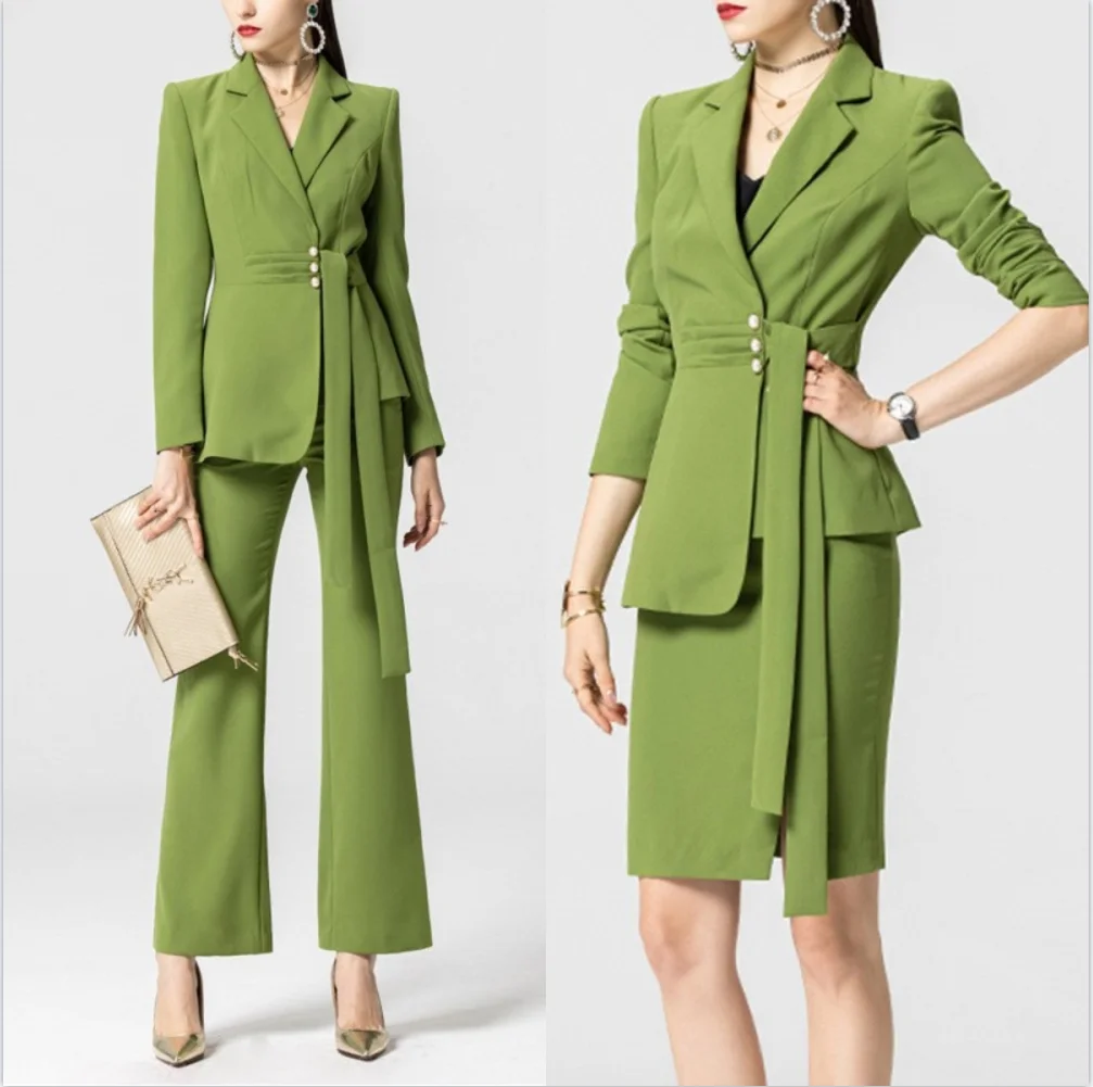 Traje de oficina para mujer, conjunto de chaqueta Formal + Pantalones o falda, vestido de graduación, abrigo de fiesta con dobladillo Irregular, color verde, 2 piezas, en Stock