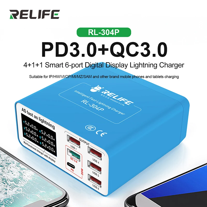 RELIFE RL-304P Intelligent 6-Port Digital Lightning Charger is Suitable for Various Devices and has Strong Compatibility