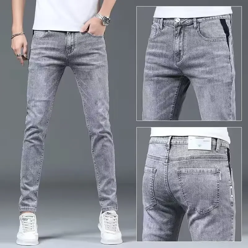 Light Grey Denim Trousers For Men New Spring Autumn Trendy Slim Fit Casual Korean Style Jeans Small Feet Big Size 5XL