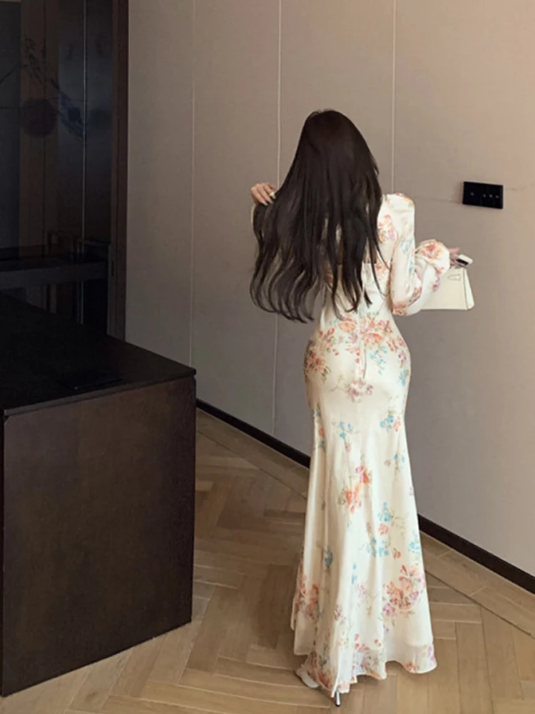 Spring Summer Floral Satin Long Sleeve V-Neck Dress Women Luxury Elegant Ruffled Mermaid Dress 2024 Korean Bodycon Evening Dress