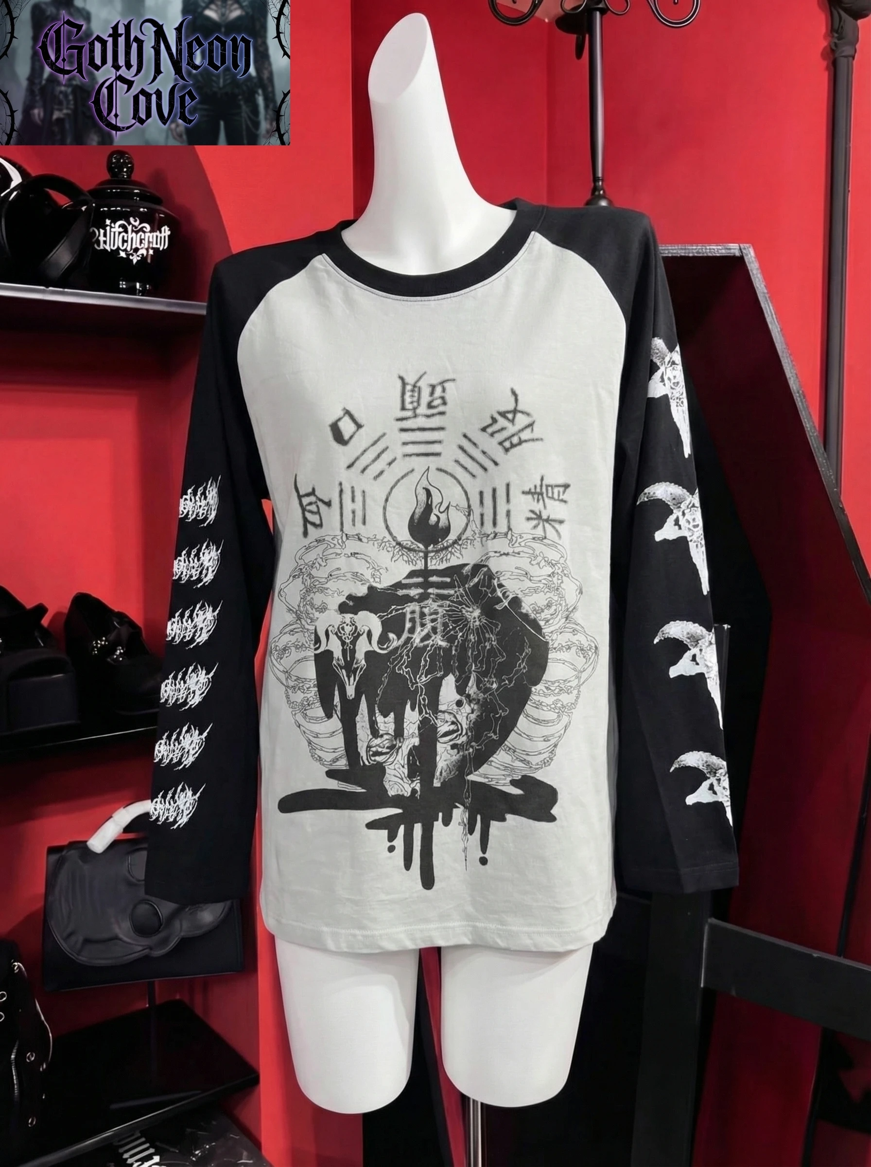 Japanese Yami Kawaii Girly Goth T Shirt Women's O-Neck Long Sleeve Print Y2K Top Subculture Punk Jirai Kei T Shirt Street Casual