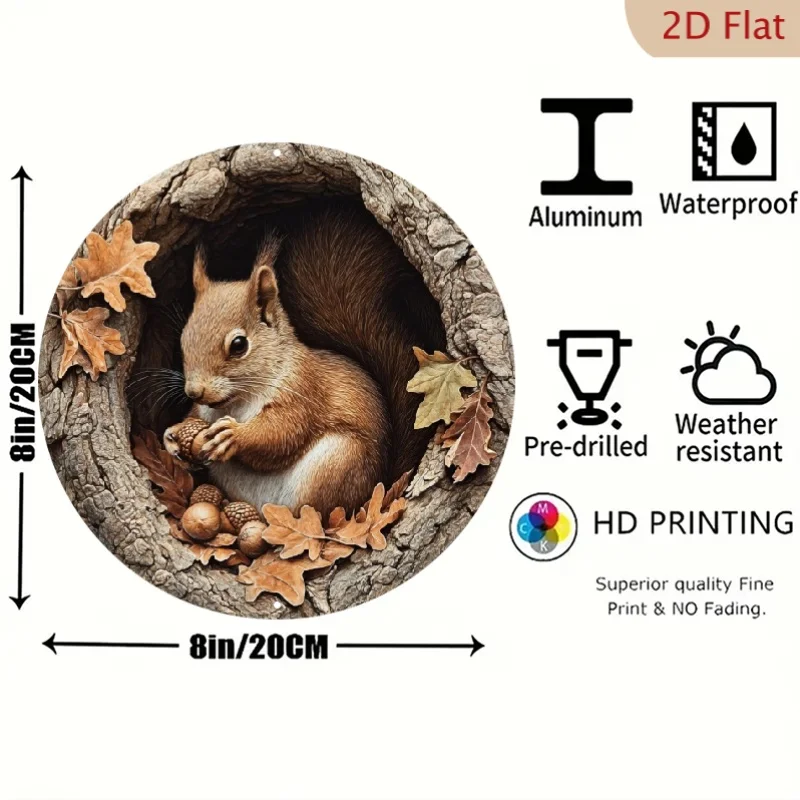 2D Decorative Sign No.1 Featuring a Squirrel And Chestnut, Made of Metal. This 8X8 Inch Panel Is Perfect for Homes, Bars