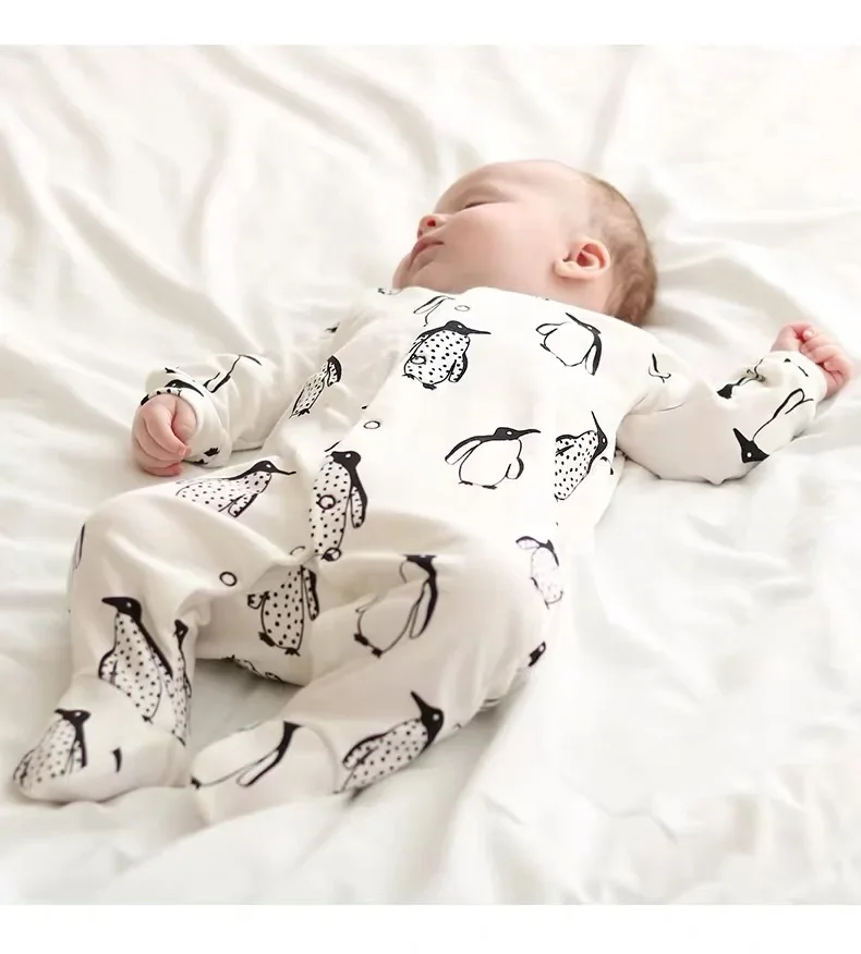 Newborn Baby Boy Rompers Long Sleeve Penguin Print Cute Baby Boy Girl Clothes Foot Jumpsuit Infant Clothing Set