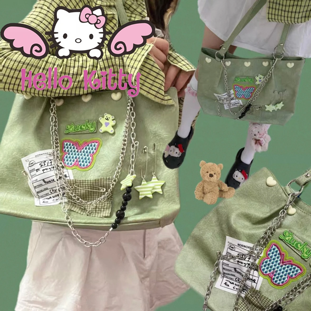 

MINISO Handmade Retro style shoulder bag y2k metal chain Lucky Green leisure Flower Butterfly Love fashionable ladies hand bag