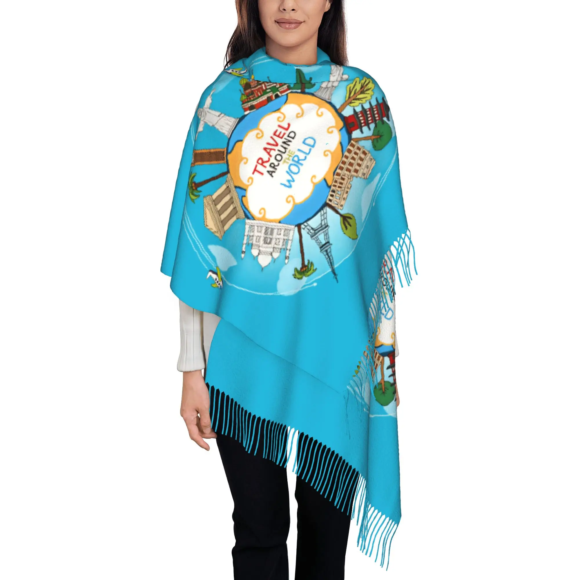 Custom Travel Around The World Globe Landmarks Tassel Scarf Women Soft  Shawl Wrap Ladies Winter Fall Scarves