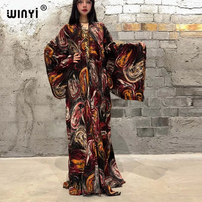 WINYI High Quality winter Women elegant Vintage Oil paint loose coat Casual warm Warm  Winter Jacket Women long down coat cloak