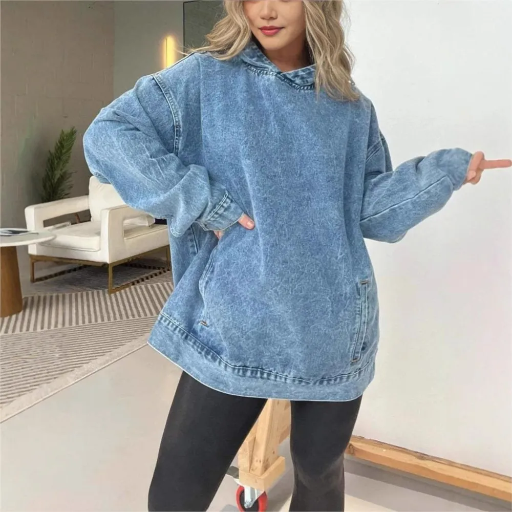 

Модная джинсовая толстовка с капюшоном в стиле ретро для женщин, осенний новый стиль, повседневный свободный пуловер, джинсовая толстовка с капюшоном 2025