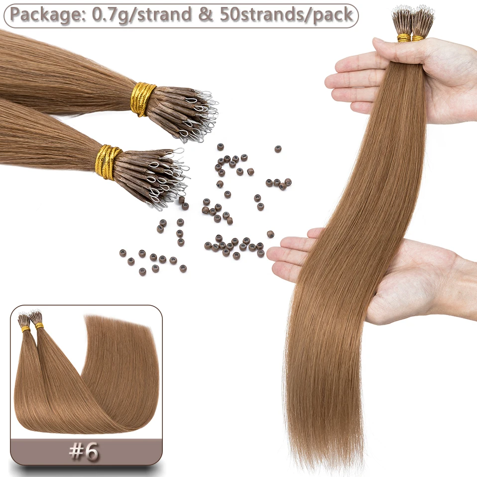 S-noilite Human Hair Micro Links Hair Extensions 0.7g/strand Nano Rings 50pcs Nano Bead Prebonded 18-24inch Straight Blonde Hair image 3