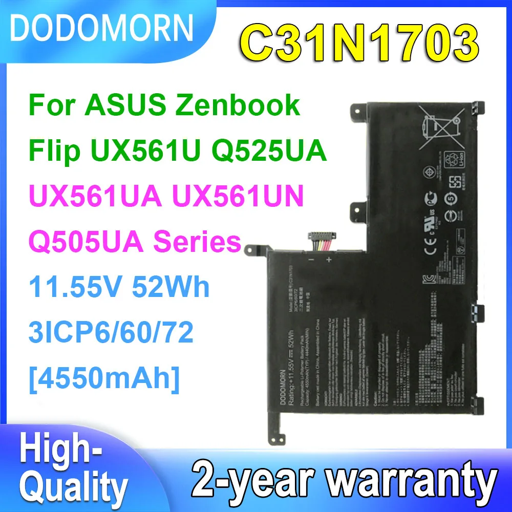 

DODOMORN C31N1703 Laptop Battery For ASUS Zenbook Flip UX561U UX561UA UX561UN Q505UA Q525UA 11.55V 52Wh 4550mAh 3ICP6/60/72
