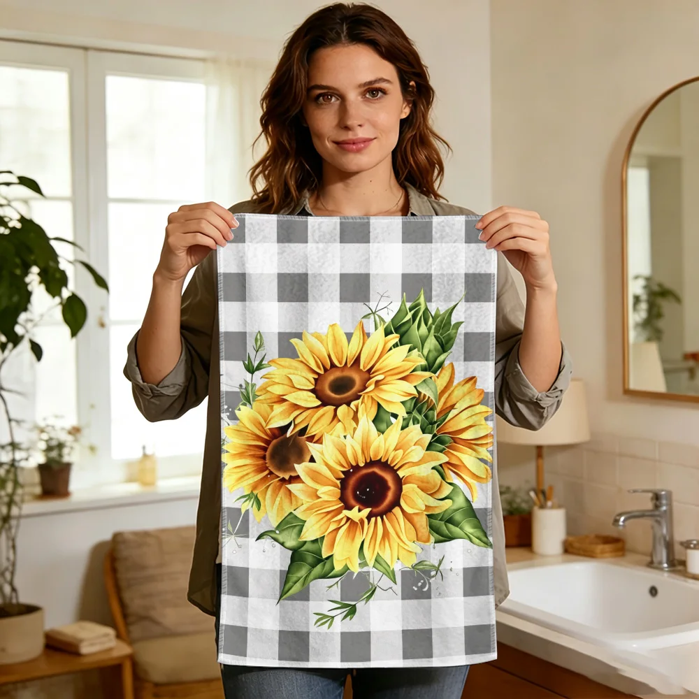 1pc/2pcs Sunflower Grey Plaid Kitchen Towel-Super absorbent, reusable polyester dishcloths perfect for home decor, cooking, baki