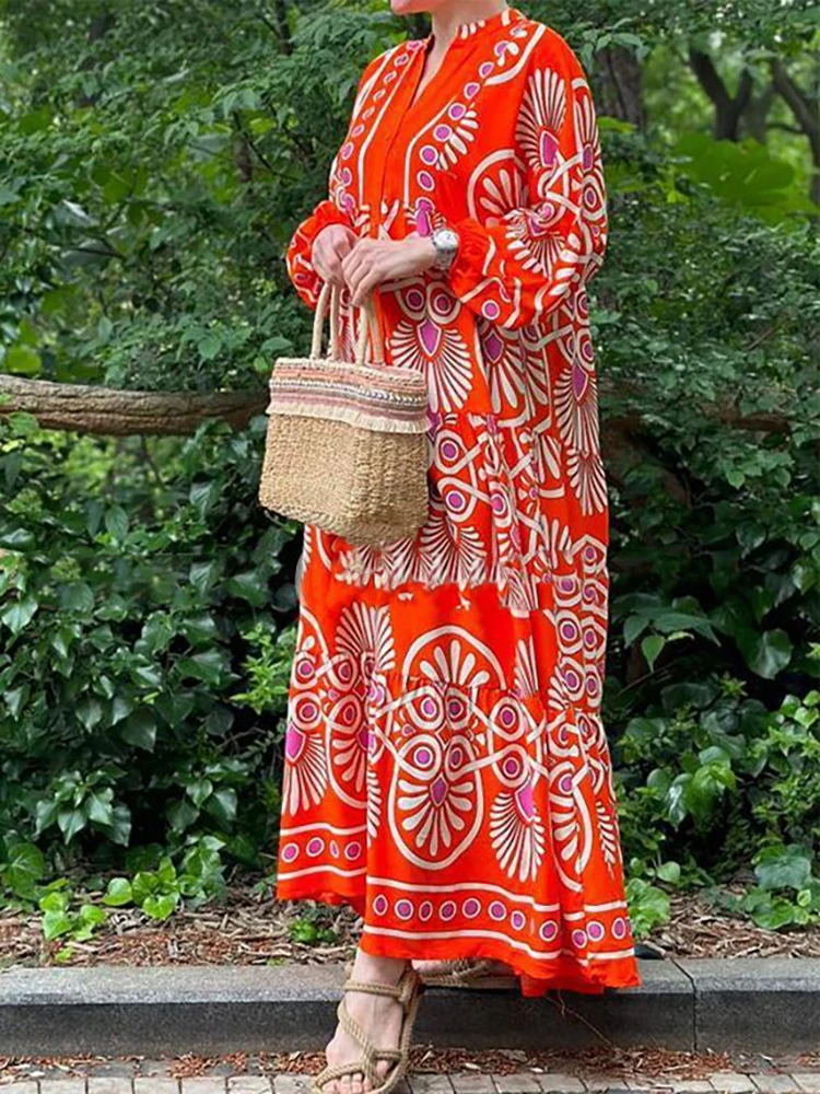 Summer Women's Long Sleeve Casual Style Polyester Material 2025 New Fashion Printed Loose V-neck Dress