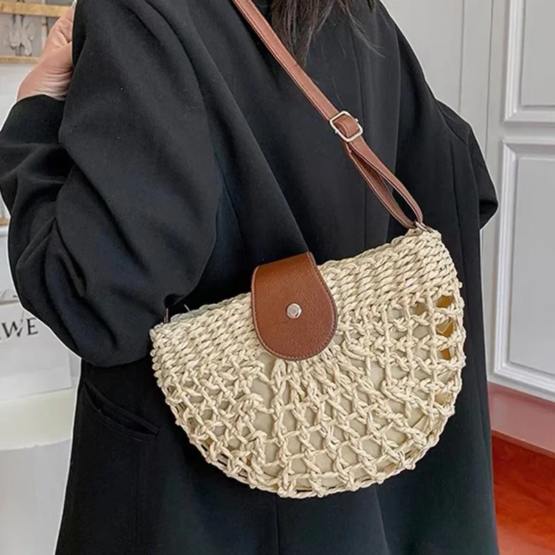

Women Summer Straw Fashion Semicircle Crossbody Bags Ladies Rattan Handmade Messenger Handbags Ladies Travel Beach Tote Bags New