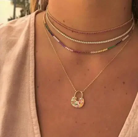 AAA+ Sexy Short Sparking Rainbow Tennis Chain Chocker Necklace With CZ Fashion Personality Women Collar Jewellery bijoux femme