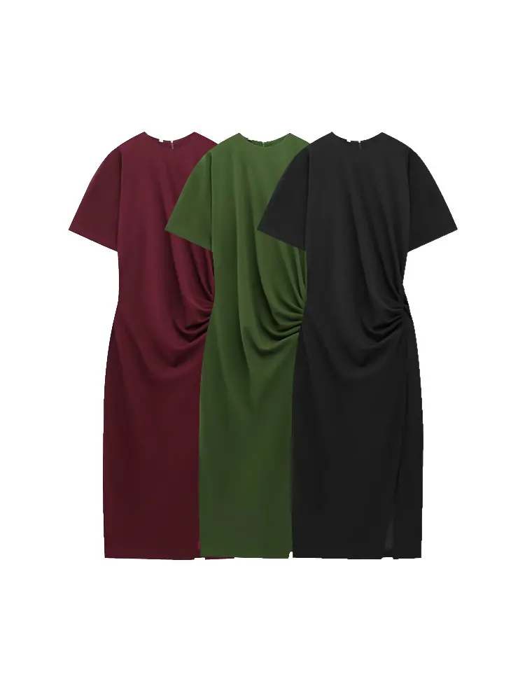 

TRZA Women Fashion With Gathered Midi Dress O Neck Short Sleeve Back Zipper Female Dresses Vestidos Mujer