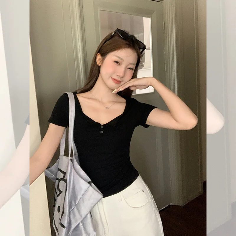 Korean Style Irregular V-Neck Button Short Sleeve T-Shirt for Women 2025 Early Summer New Ruched Slim Waist Top