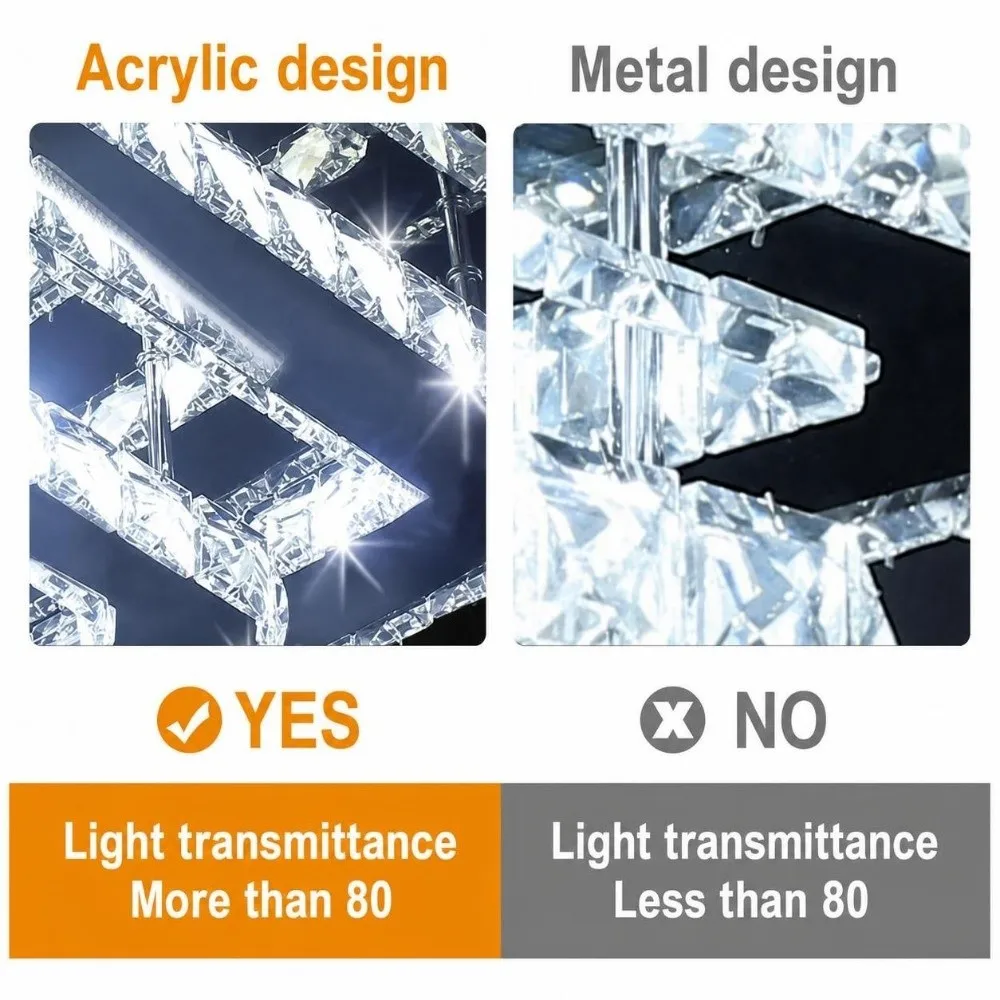 Square LED Ceiling Lamp 3 Color Temperature Faux Crystal Chandelier 12W Wide Voltage 85-265V Crystal Ceiling Light Dining Room