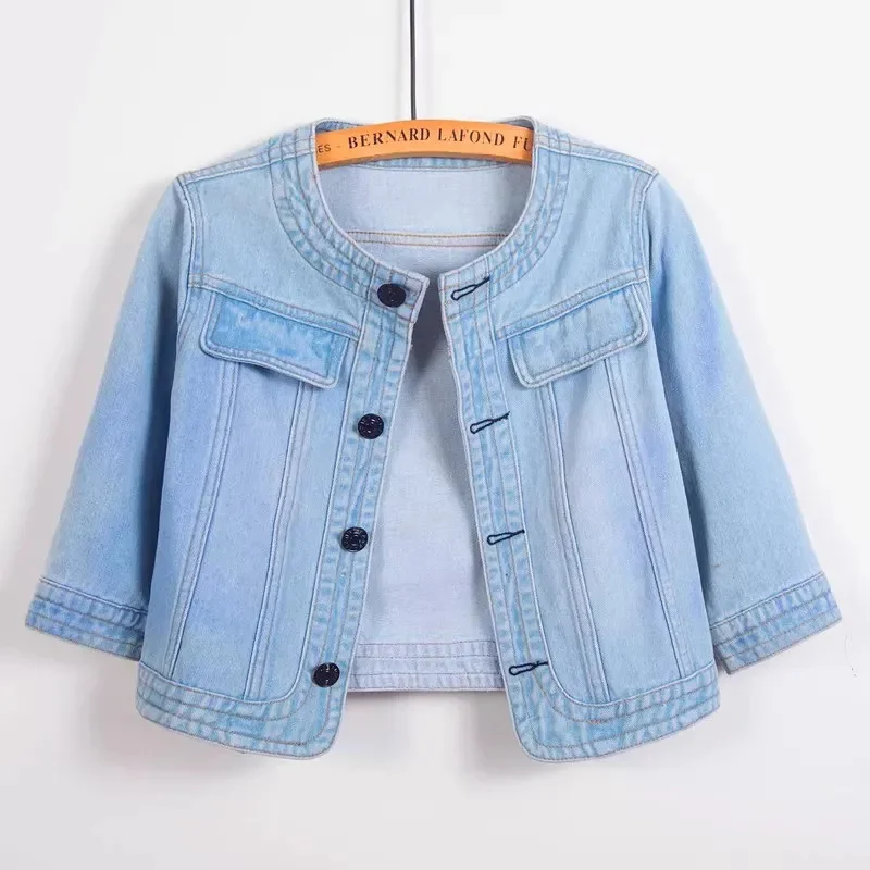 

5XL New Quarter sleeved O neck Denim Jacket For women's Summer 2024 New Spring Short Loose Top Paired With Dress Cowboy Outwear