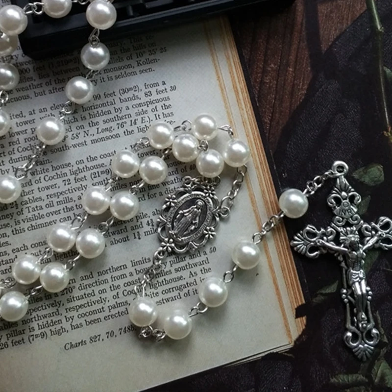 448B 8mm Prayer Beads Rosary Necklace Mary Jesus for Cross Pendant Catholic Necklaces Religious Jewelry Women Charm Gifts