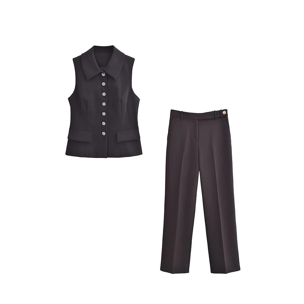 

TRAFZA 2024 Women Spring Vintage Solid Suit Slim Jewelry Single Breasted Vest+Zipper Pockets Long Wide Leg Pants Woman Set