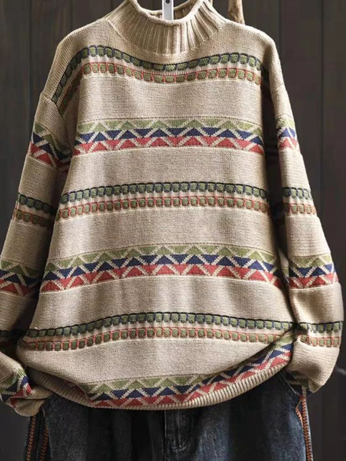 レトロニットコットンセーター女性ルーズカジュアルオーバーヘッド f ハイカラースリミングトレンディロング Sve 植物花柄