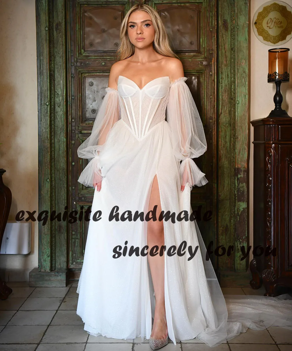 

Boho Wedding Dresses Sexy Sweetheart Side Split Bride Dress Pleats Tulle A Line Beach Wedding Bridal Gowns Back Lace Up