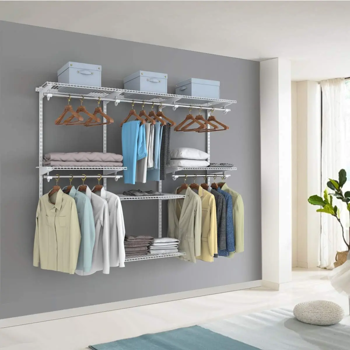 Closet with Hanging Rod, Metal Hanging Storage Organizer Rack Wardrobe with Shelves, Adjustable Closet System Kit for Bedroom