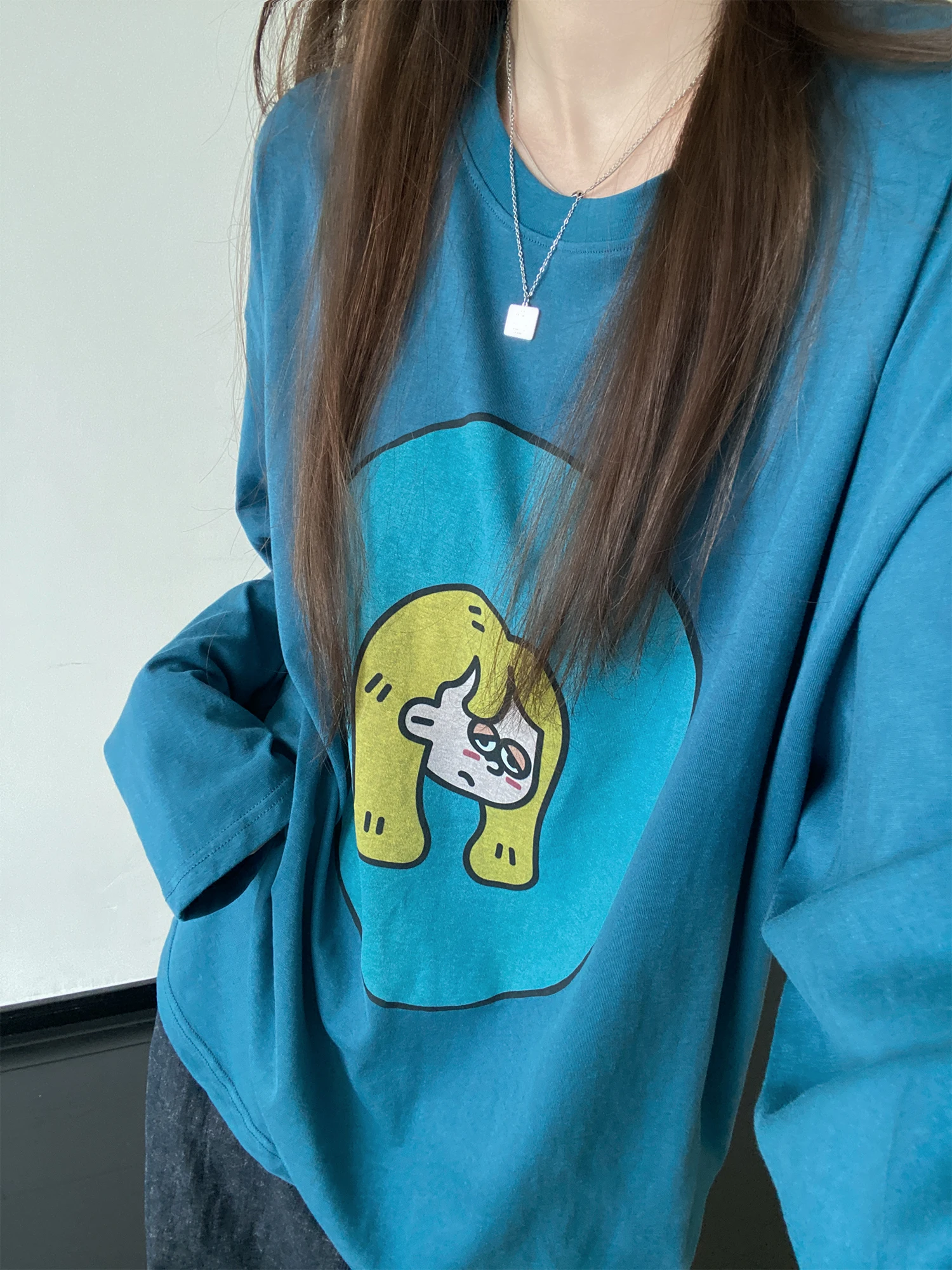 Loose Shoulder Long Sleeve T-Shirt Women's Casual Style round Neck Print Snowflake Cotton Comfortable Lazy Style Top